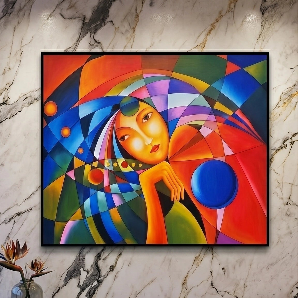 Colorful abstract female portrait wall painting with geometric patterns and vibrant contemporary artwork