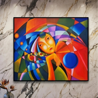 Colorful abstract female portrait wall painting with geometric patterns and vibrant contemporary artwork