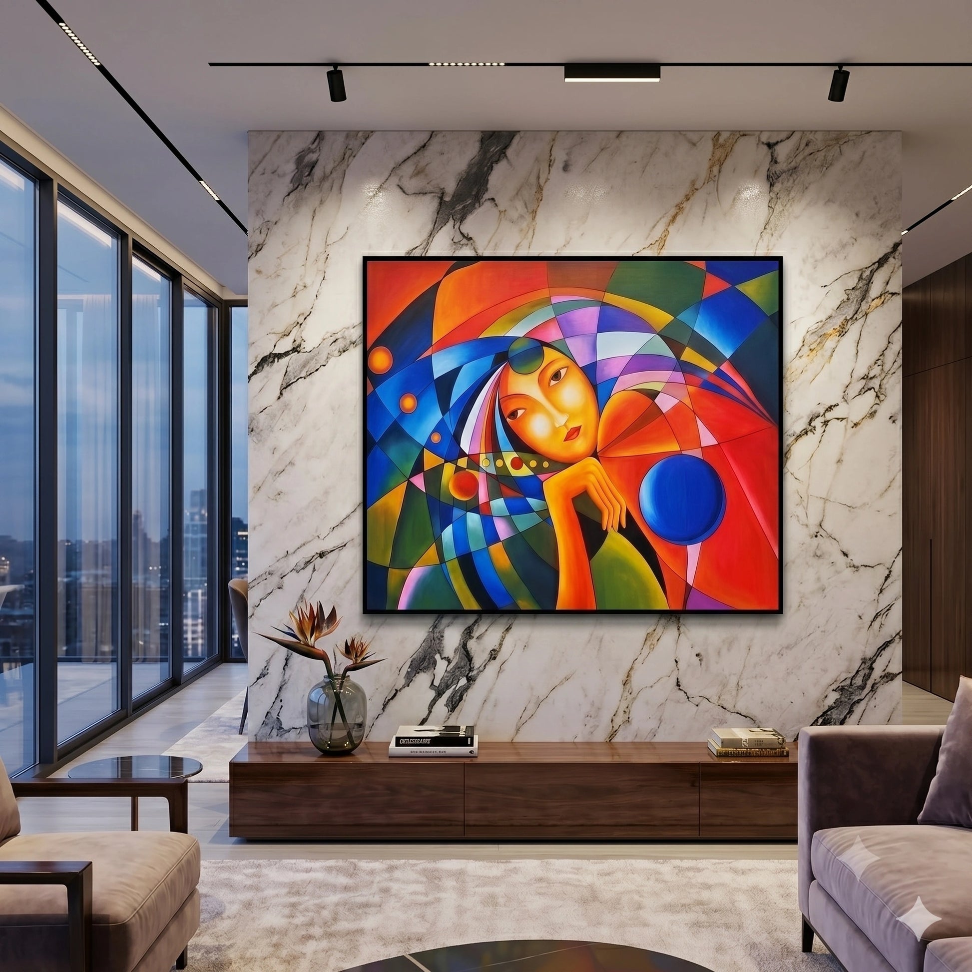 Colorful abstract female portrait wall painting with geometric patterns and vibrant contemporary artwork