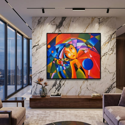 Colorful abstract female portrait wall painting with geometric patterns and vibrant contemporary artwork