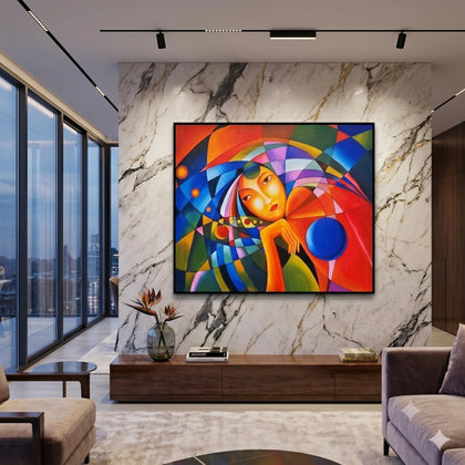 Colorful abstract female portrait wall painting with geometric patterns and vibrant contemporary artwork