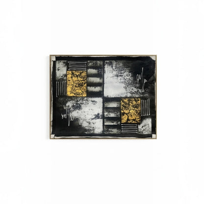 Modern abstract canvas painting featuring bold black and white textured artwork with metallic gold geometric accents, contemporary wall art for luxury living rooms, offices and designer interiors.