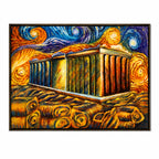 Modern abstract architectural wall painting with vibrant blue, gold, and orange swirling artistic details