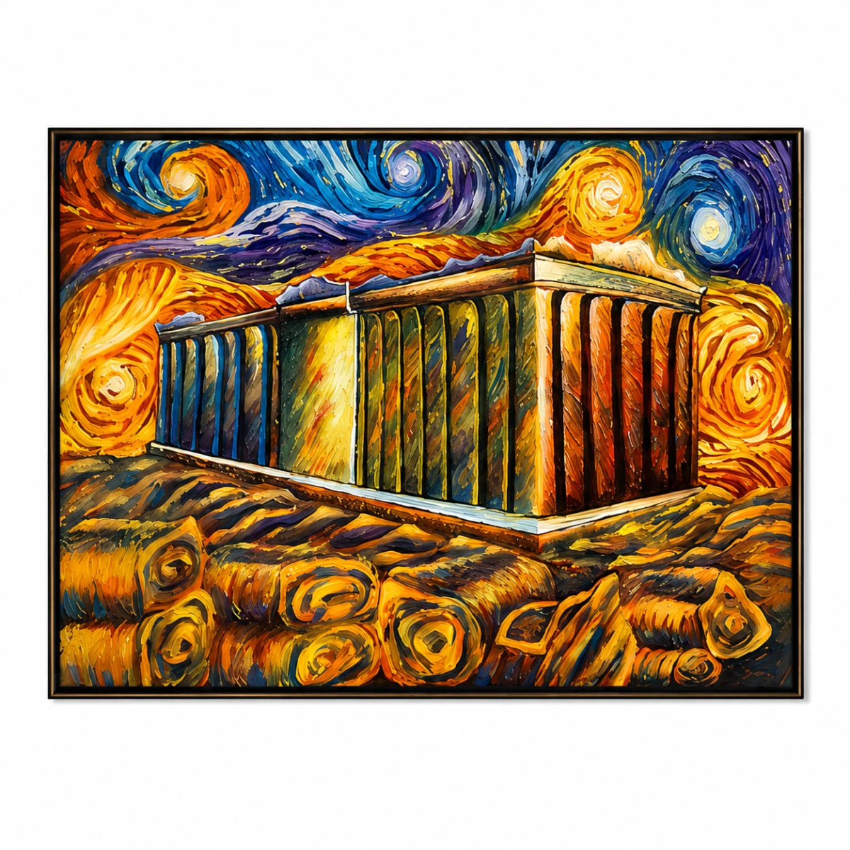 Modern abstract architectural wall painting with vibrant blue, gold, and orange swirling artistic details
