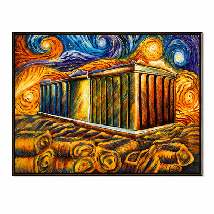 Modern abstract architectural wall painting with vibrant blue, gold, and orange swirling artistic details