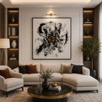 Modern abstract monochrome wall painting with expressive black brushstrokes and a textured gold focal accent