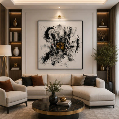 Modern abstract monochrome wall painting with expressive black brushstrokes and a textured gold focal accent