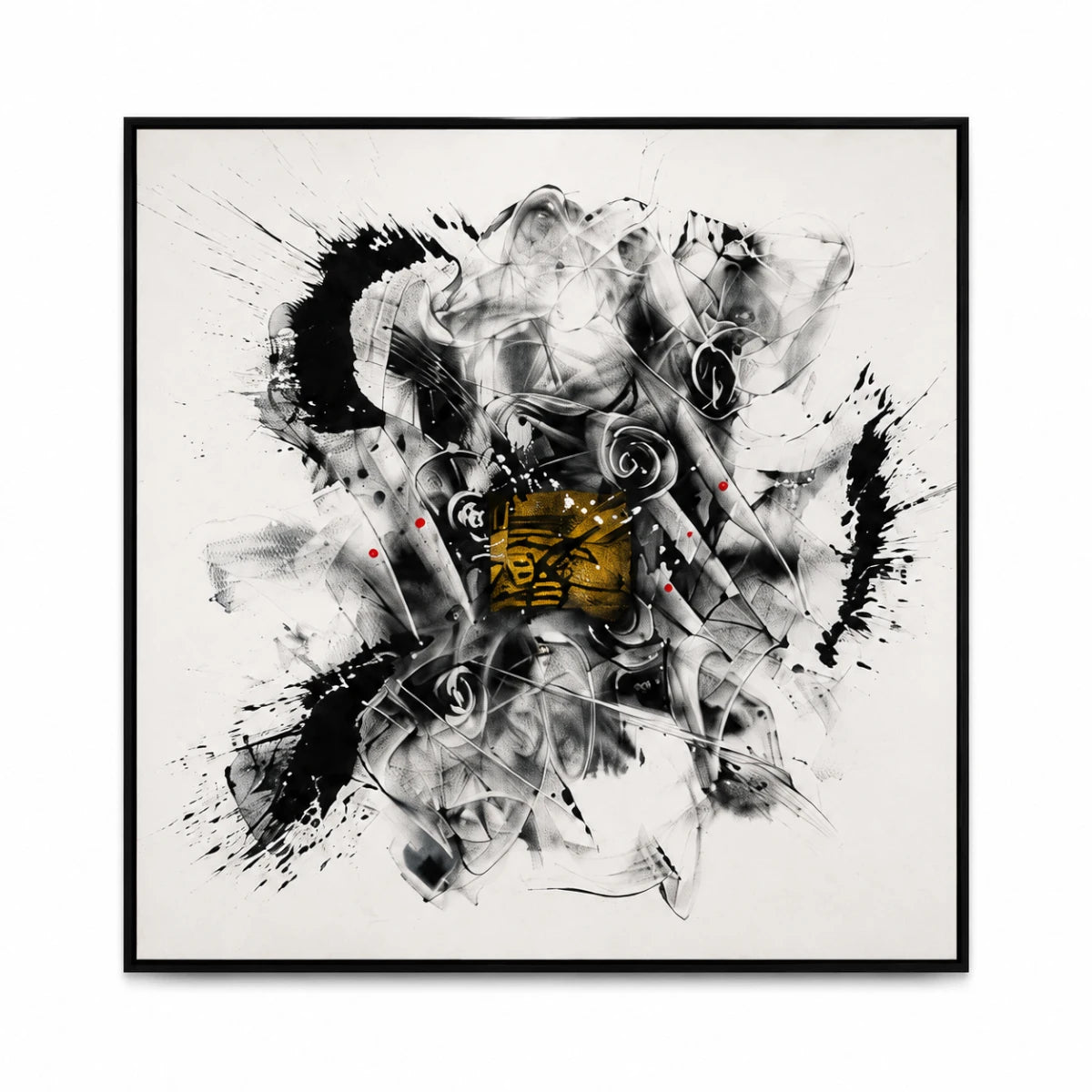 Modern abstract monochrome wall painting with expressive black brushstrokes and a textured gold focal accent