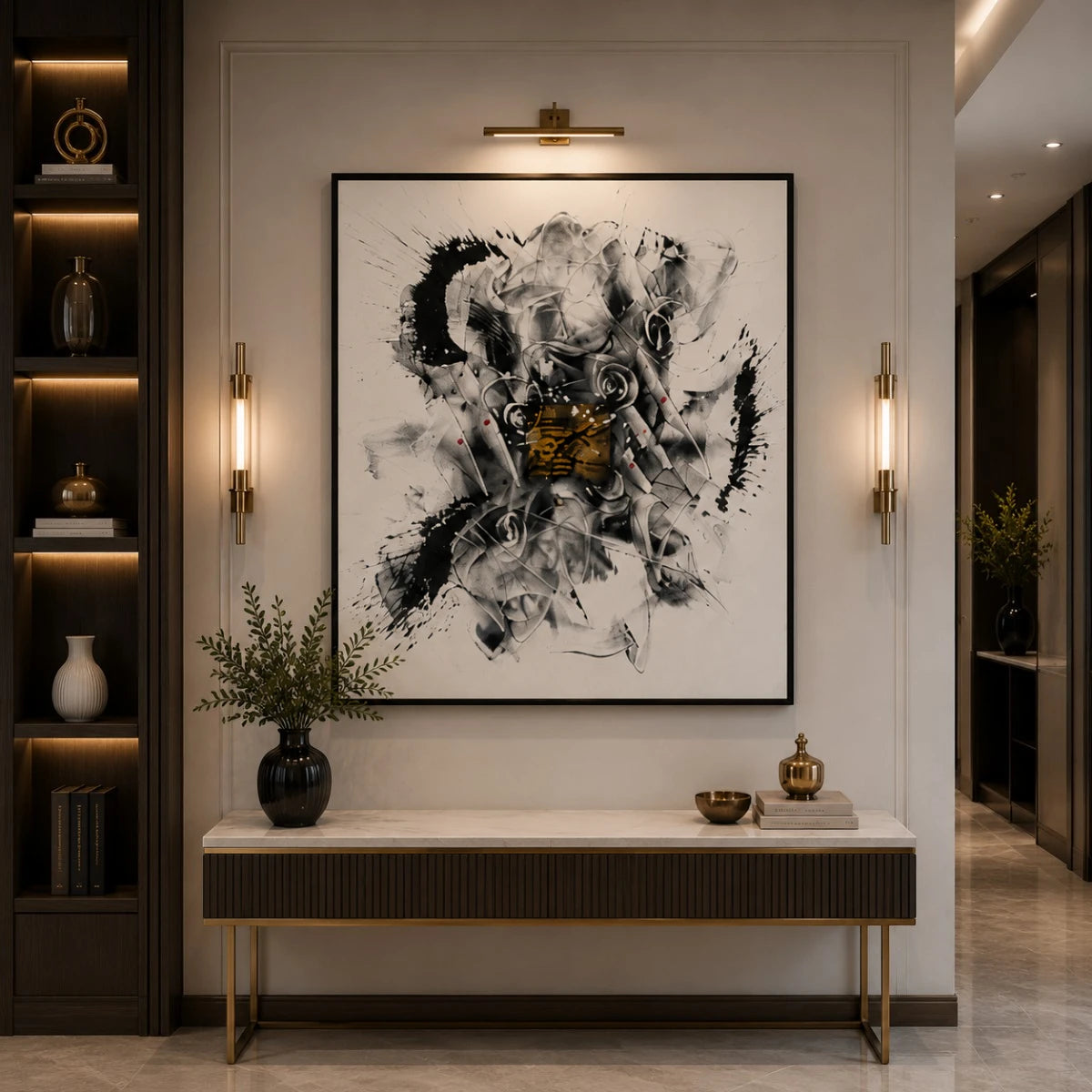 Modern abstract monochrome wall painting with expressive black brushstrokes and a textured gold focal accent