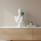 White abstract ribbed bust sculpture with green accent sphere, modern console decor piece for living room styling, minimal interior aesthetic