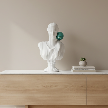 White abstract ribbed bust sculpture with green accent sphere, modern console decor piece for living room styling, minimal interior aesthetic