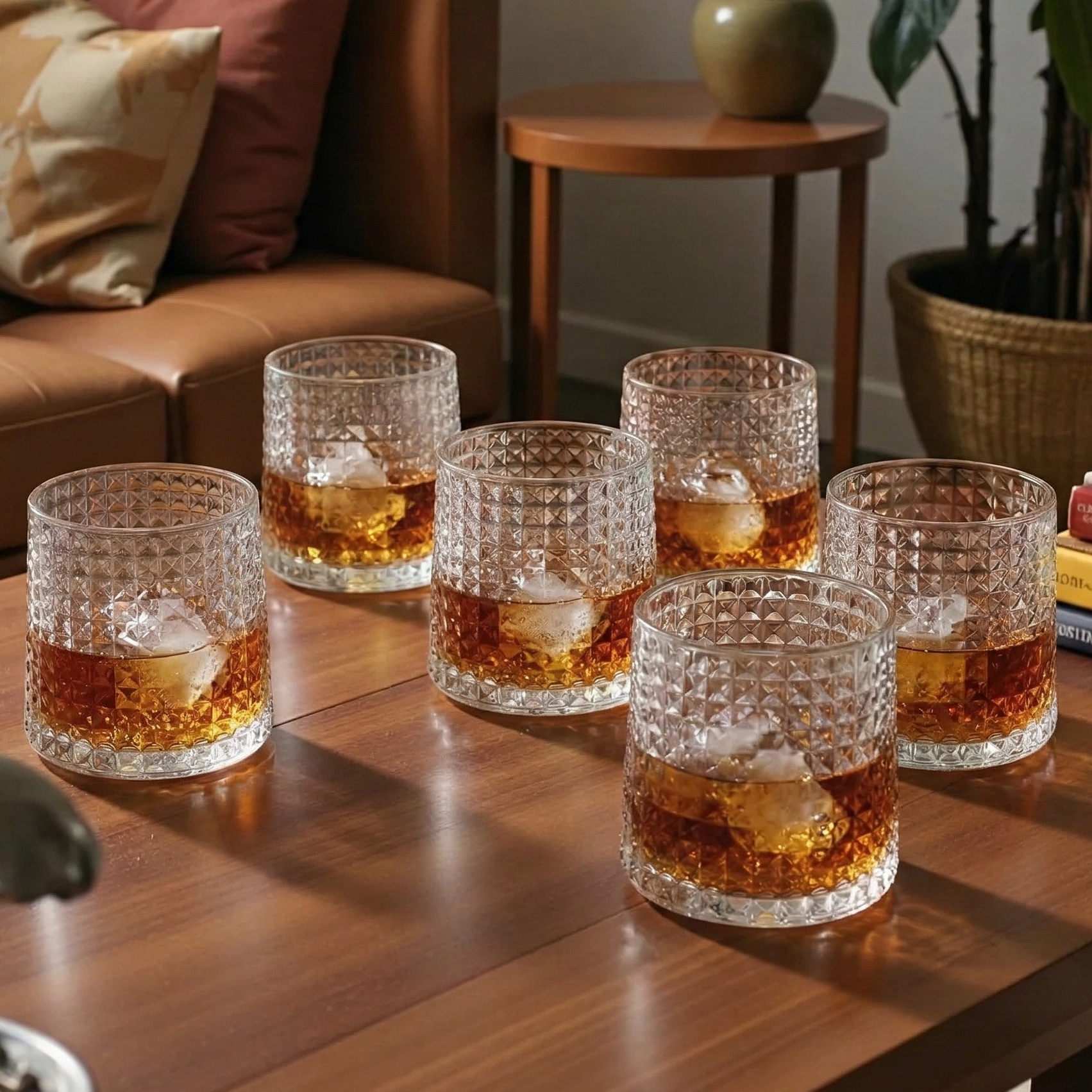 Premium textured whiskey glass set arranged for elegant home entertaining and sophisticated cocktail serving presentation