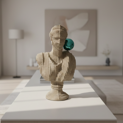 Neutral beige ribbed human bust decor sculpture with green accent sphere, minimalist tabletop decor for modern homes, shelves and console styling