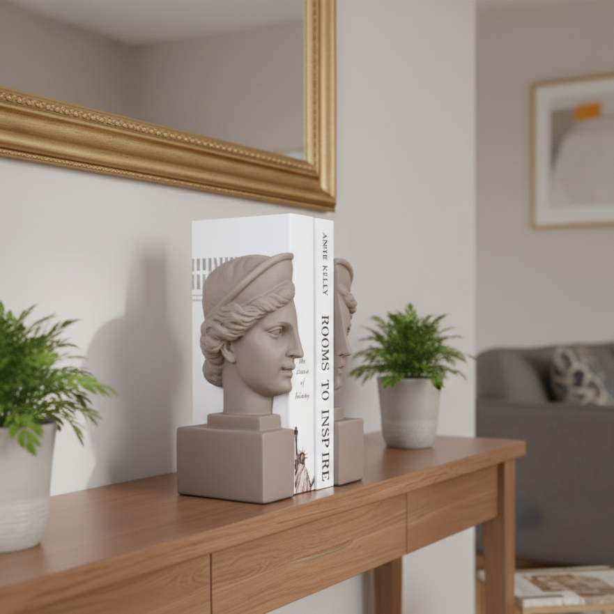 Decorative resin bookends featuring classical bust designs in a soft neutral finish.