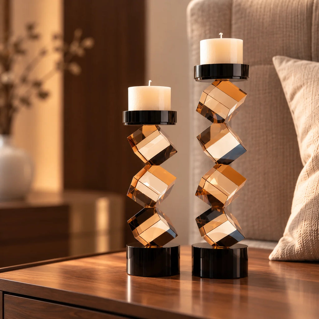 Contemporary twisted geometric candle holder in warm amber and black