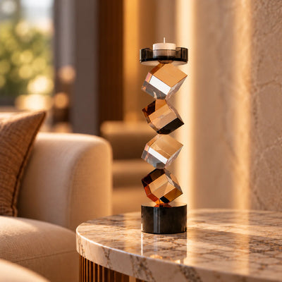 Geo Twist Candle Holder | Modern Geometric Candle Stand with Faceted Amber-Tone Design and Black Base, Decorative Tabletop Candle Holder