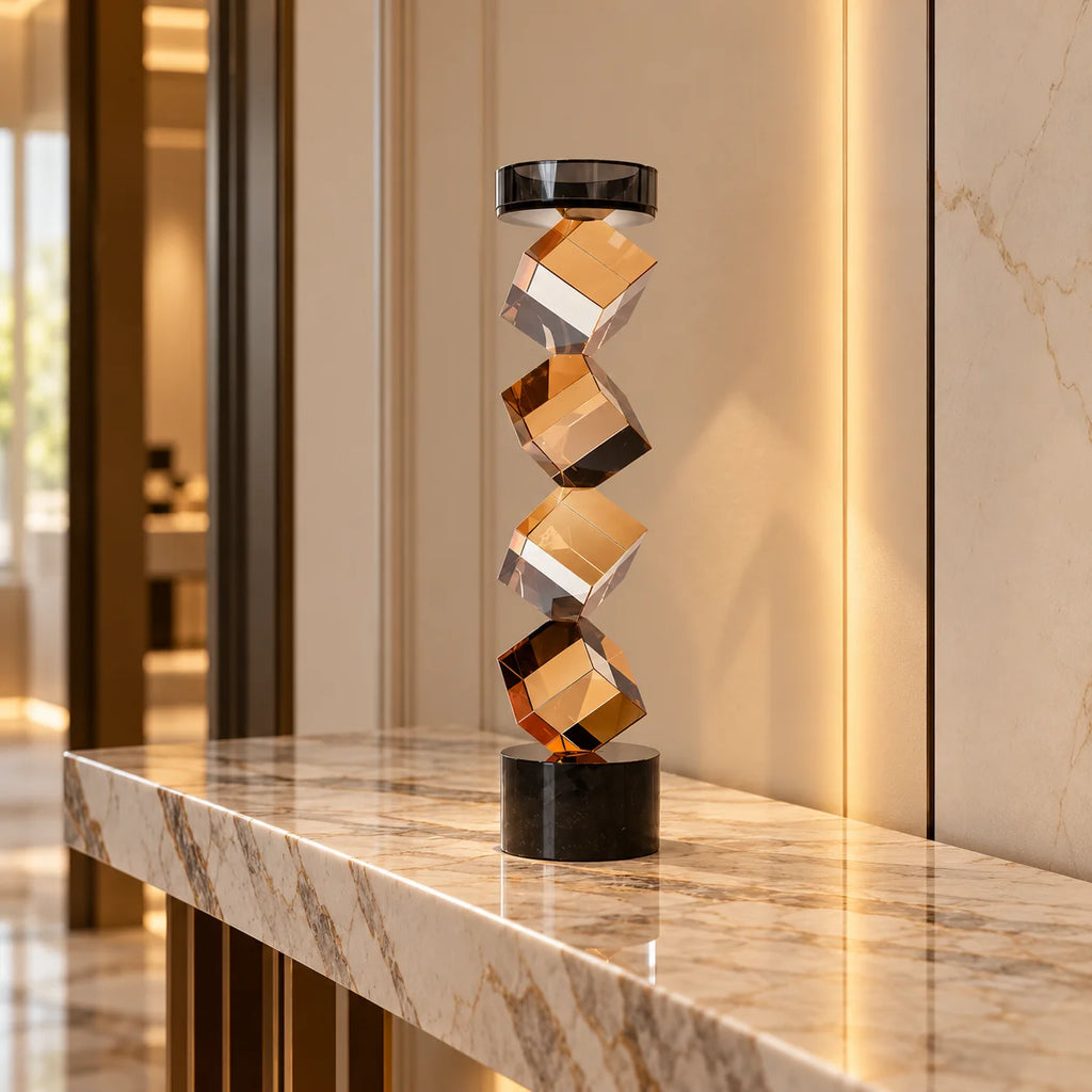 Contemporary twisted geometric candle holder in warm amber and black