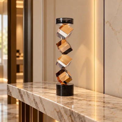 Geo Twist Candle Holder | Modern Geometric Candle Stand with Faceted Amber-Tone Design and Black Base, Decorative Tabletop Candle Holder