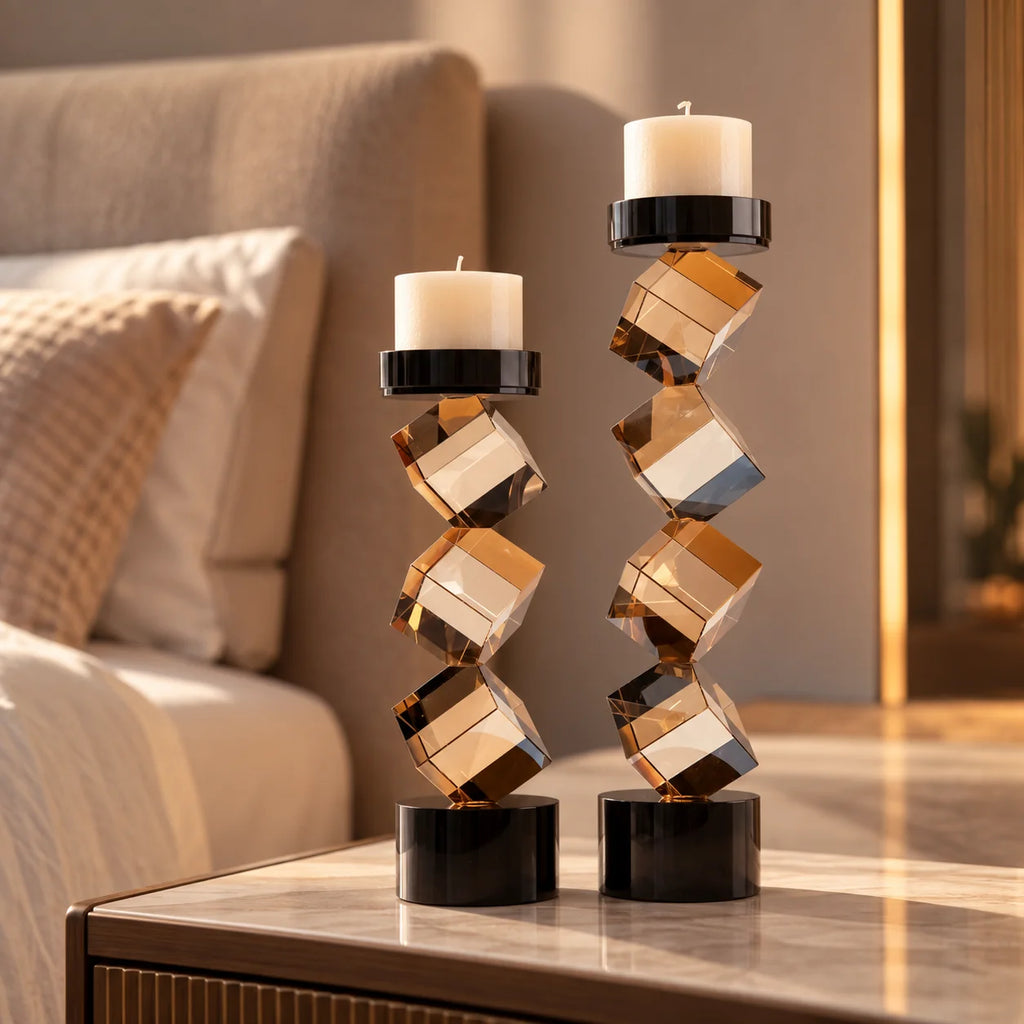 Contemporary twisted geometric candle holder in warm amber and black