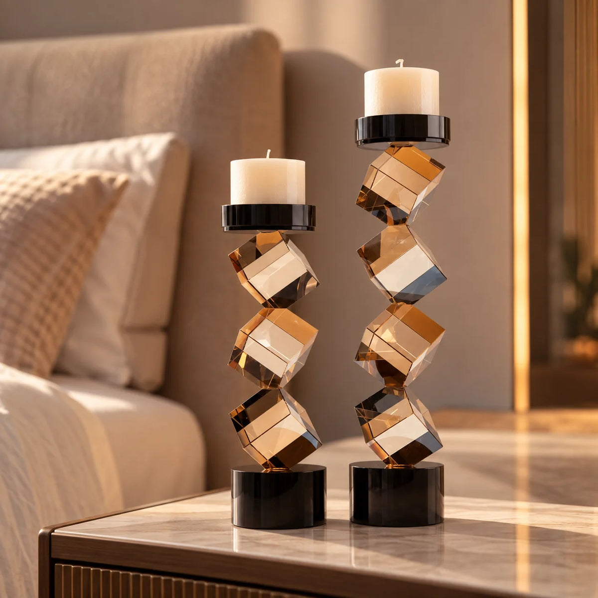 Contemporary twisted geometric candle holder in warm amber and black