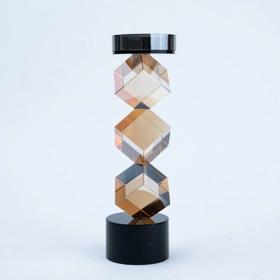 Geo Twist Candle Holder | Modern Geometric Candle Stand with Faceted Amber-Tone Design and Black Base, Decorative Tabletop Candle Holder