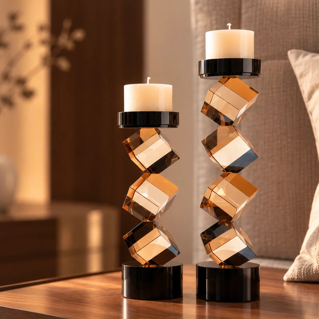Contemporary twisted geometric candle holder in warm amber and black
