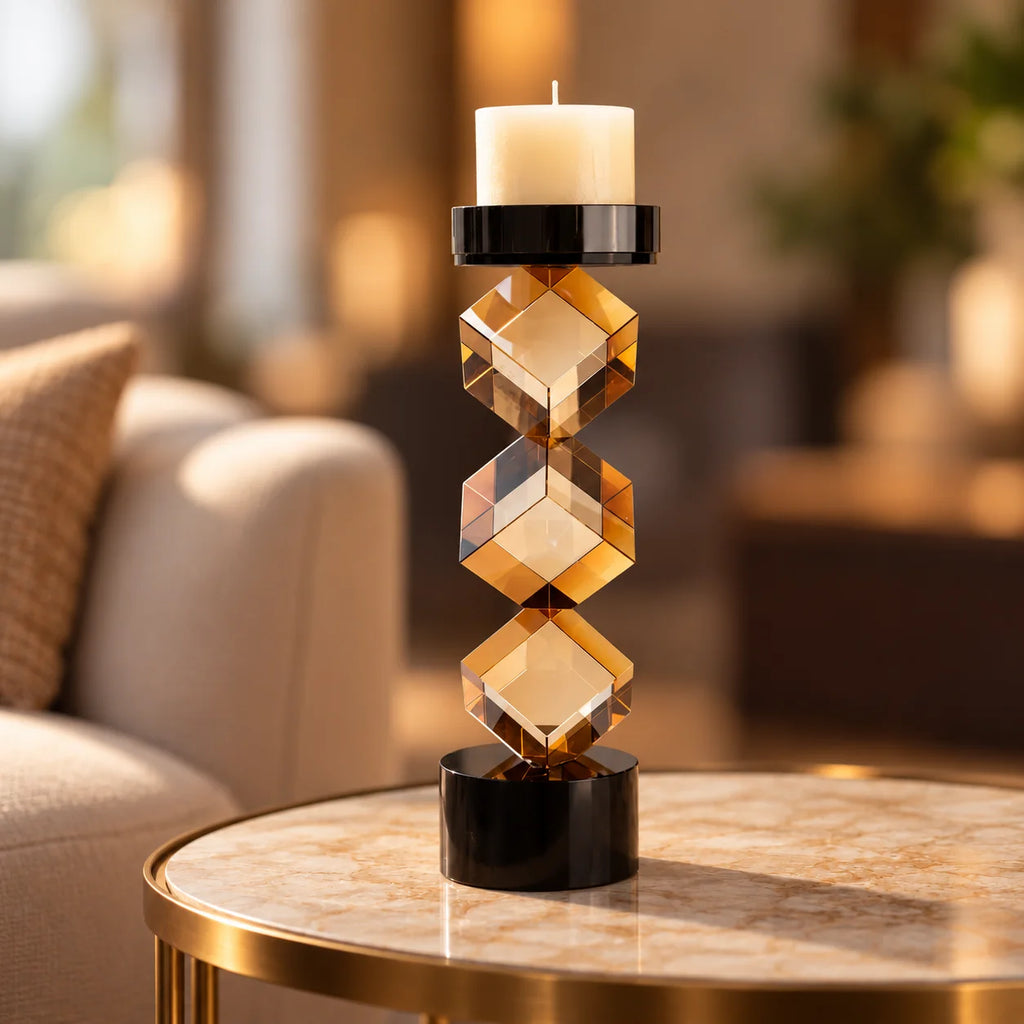Contemporary twisted geometric candle holder in warm amber and black