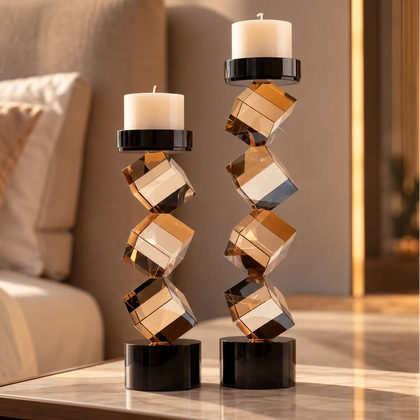 Contemporary twisted geometric candle holder in warm amber and black