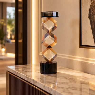 Geo Twist Candle Holder | Modern Geometric Candle Stand with Faceted Amber-Tone Design and Black Base, Decorative Tabletop Candle Holder