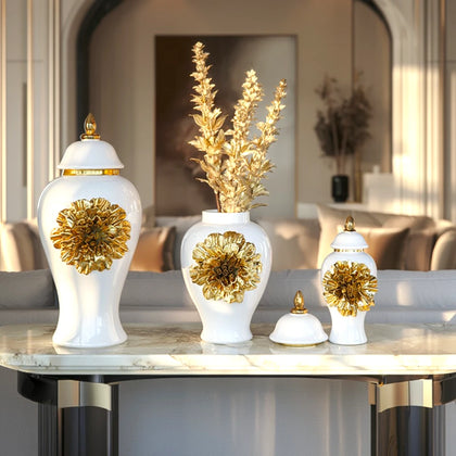 Gilded Bloom Jar ceramic decorative jar with gold floral accents