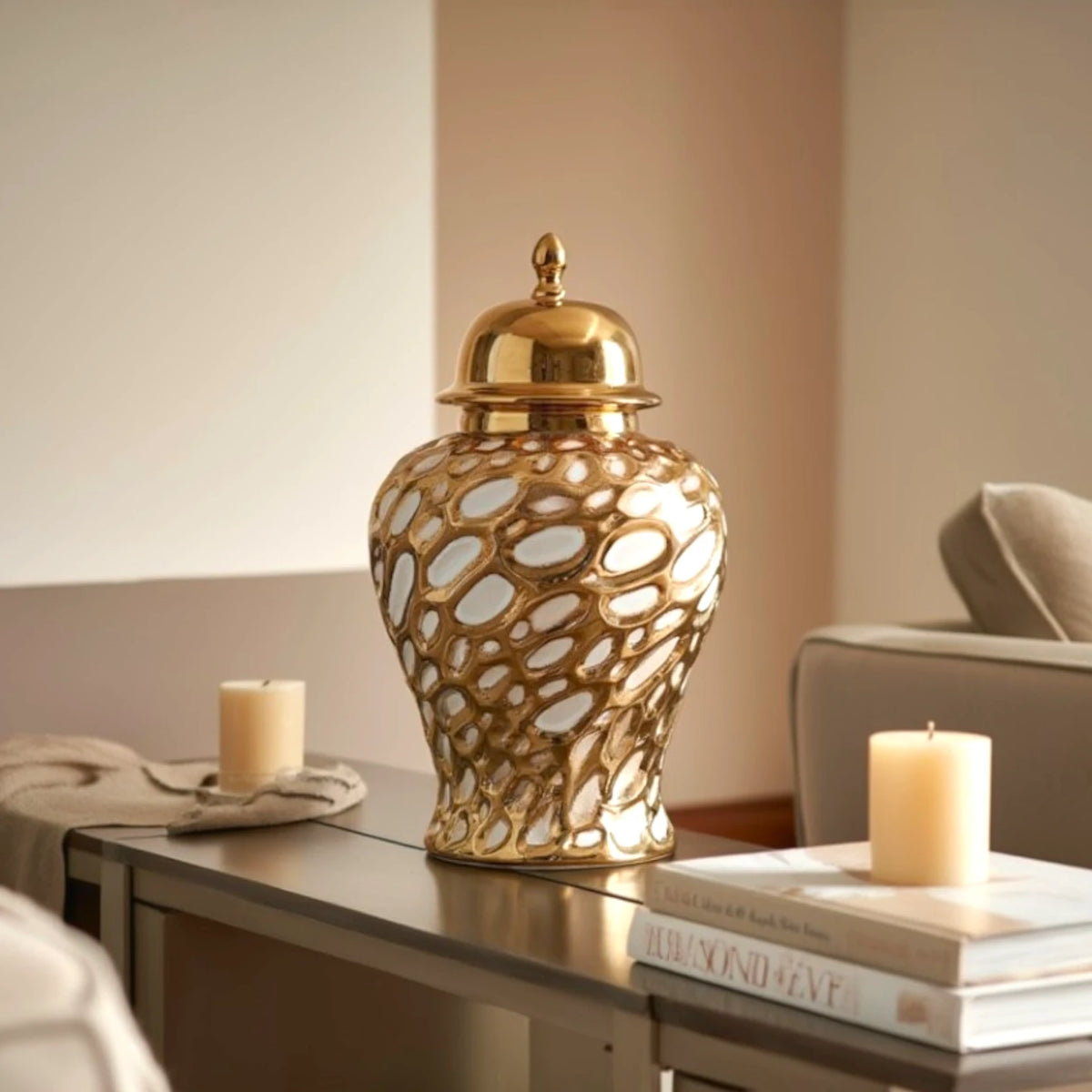 Gilded form jar lidded in beige room