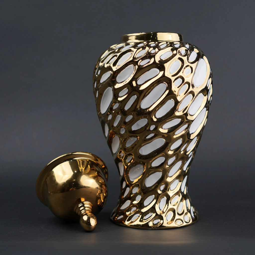 Gold ceramic decorative jar with organic pattern and lid in small and large sizes