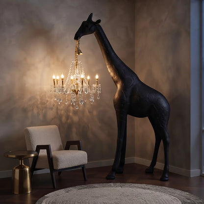 Matte black giraffe chandelier floor sculpture