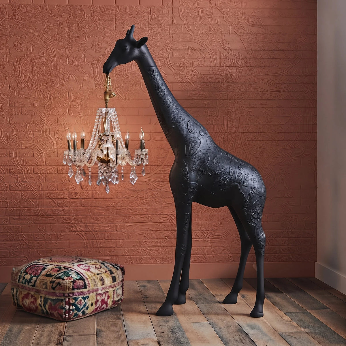 Matte black giraffe chandelier floor sculpture