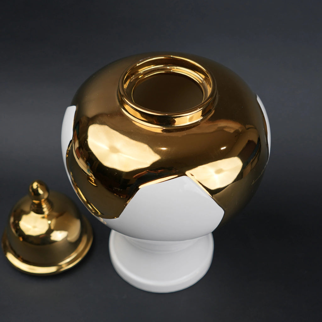 White and gold ceramic jar with lid for home decor styling and flower vase use