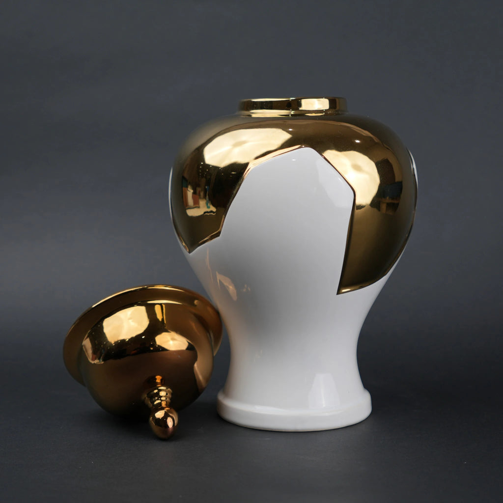 White and gold ceramic jar with lid for home decor styling and flower vase use