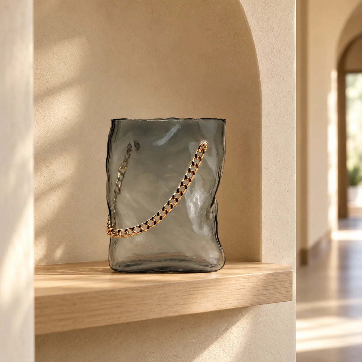 grey chain glass vase with gold chain detail