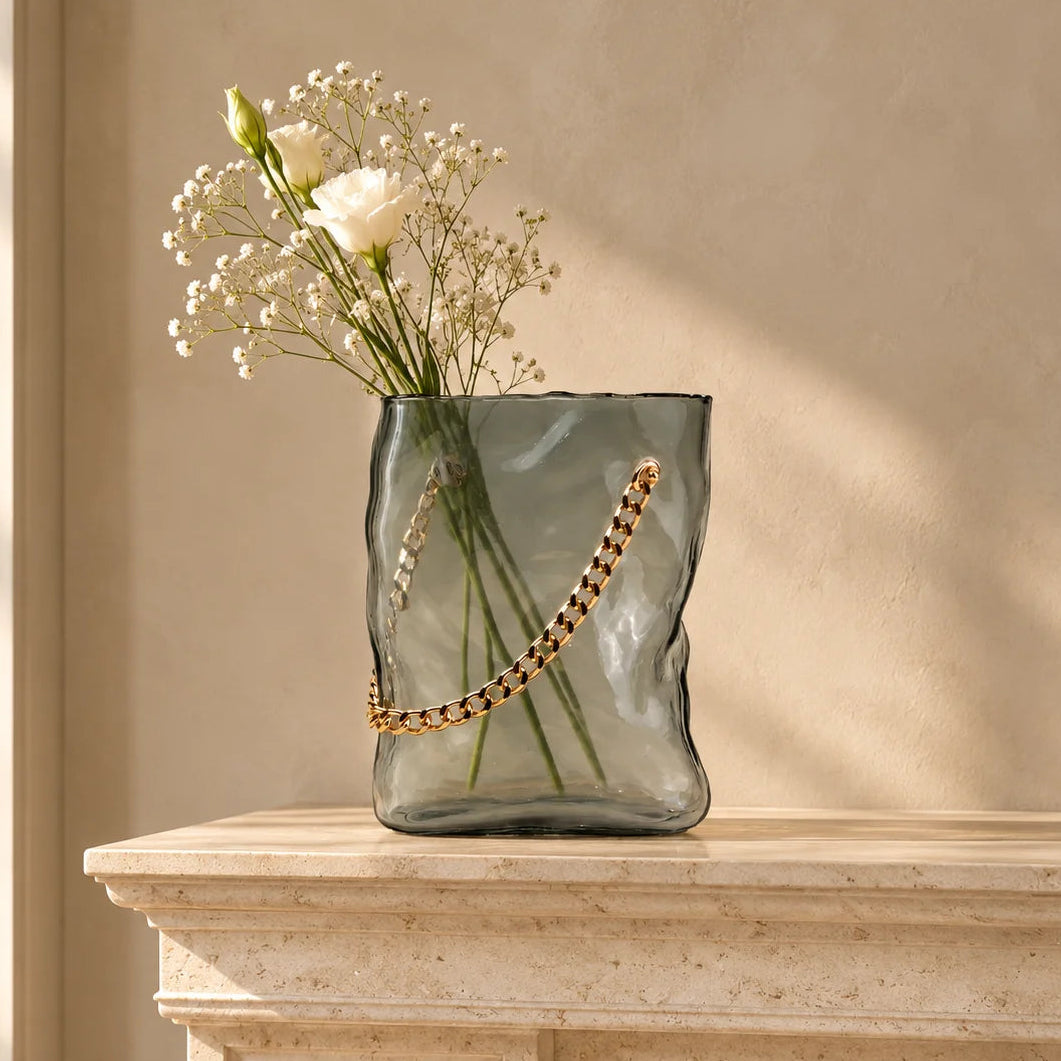 grey chain glass vase with gold chain detail