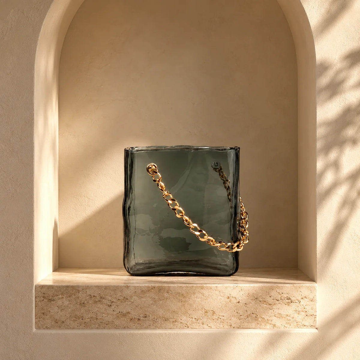 grey chain glass vase with gold chain detail