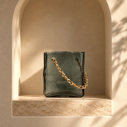 grey chain glass vase with gold chain detail