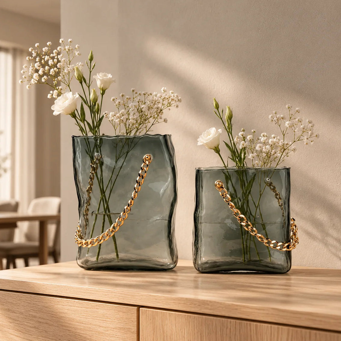 grey chain glass vase with gold chain detail