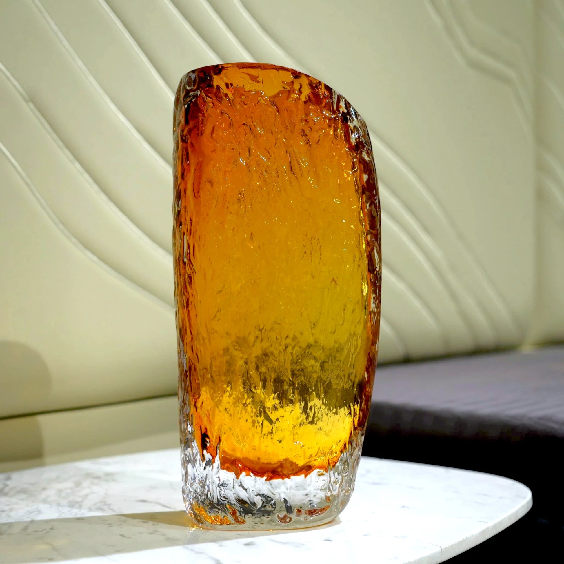 Contemporary golden amber glass vase with textured finish