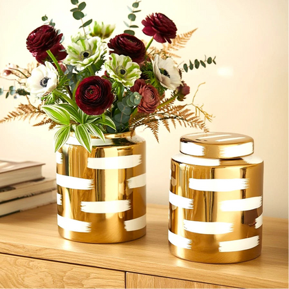 Golden stroke jar pair w/ anemones on oak