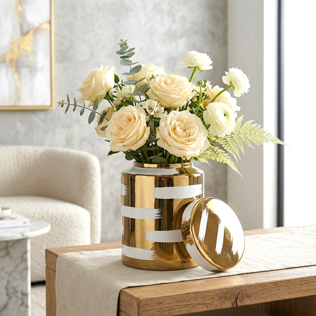 Large golden stroke jar w/ roses, console