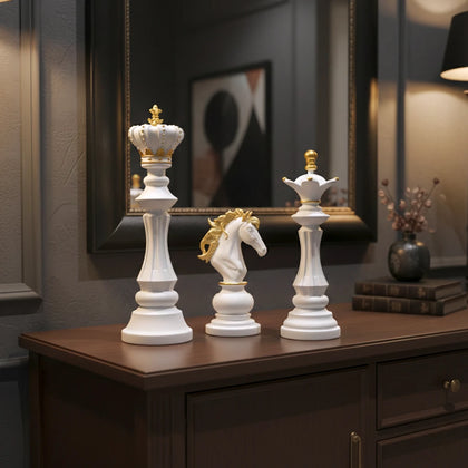 decorative chess sculpture set of three pieces - modern chess piece decor set for home
