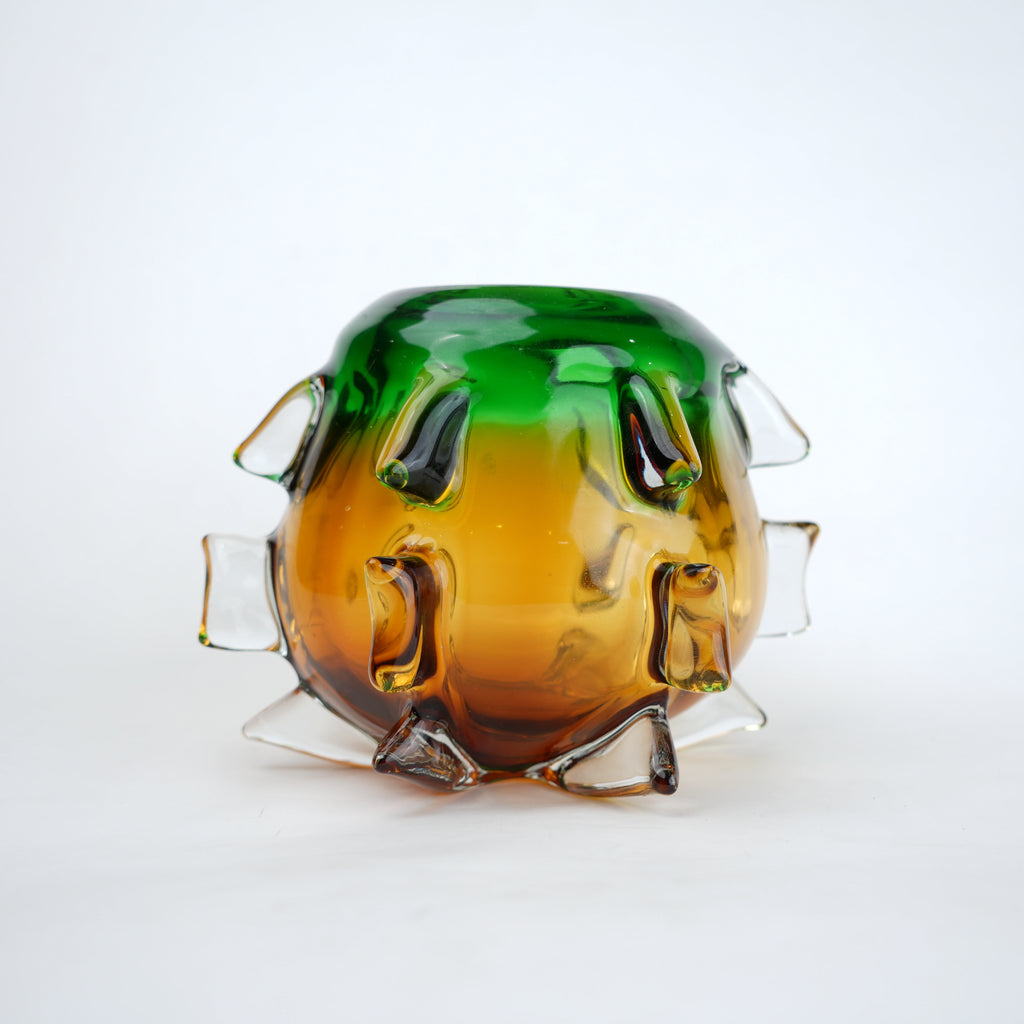 Green and amber gradient glass vase set with textured sculpted edges