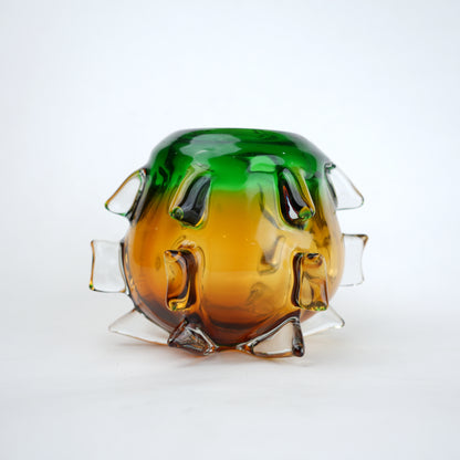 Green and amber gradient glass vase set with textured sculpted edges