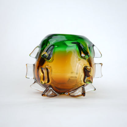 Green and amber gradient glass vase set with textured sculpted edges