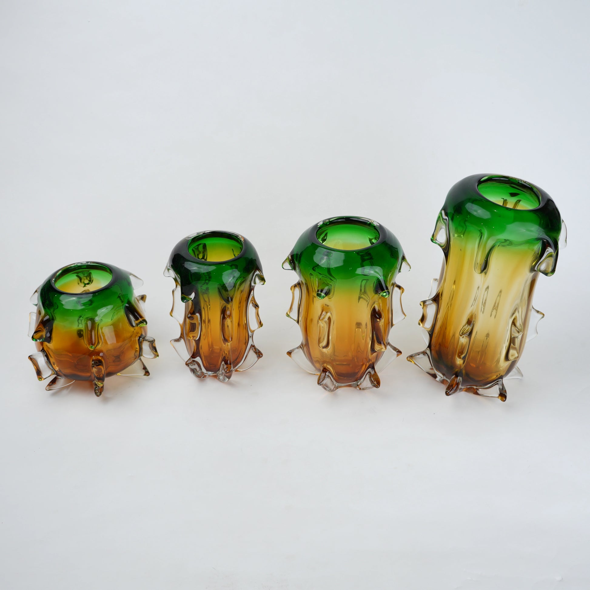 Green and amber gradient glass vase set with textured sculpted edges