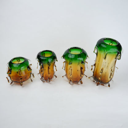 Green and amber gradient glass vase set with textured sculpted edges